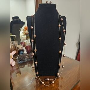 RMN bronze & brown double strand faux pearl necklace & earring set